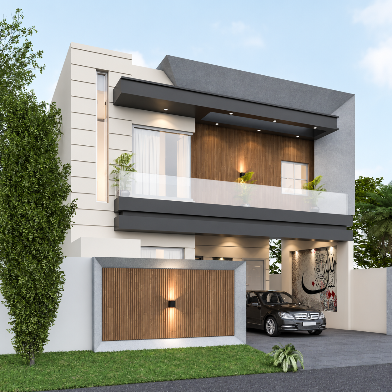 Timber and glass villa elevation visualization — view 1