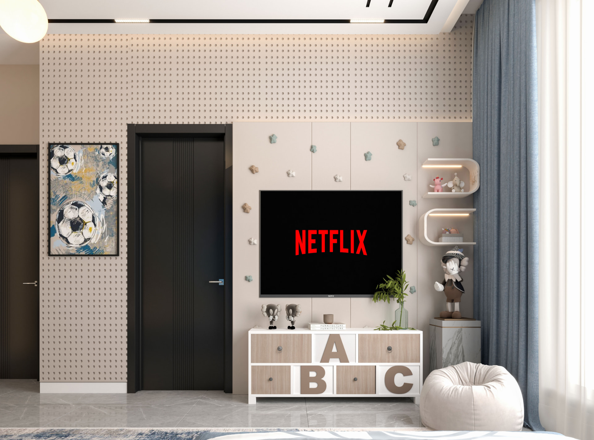 Kids bedroom TV wall visualization — view 1