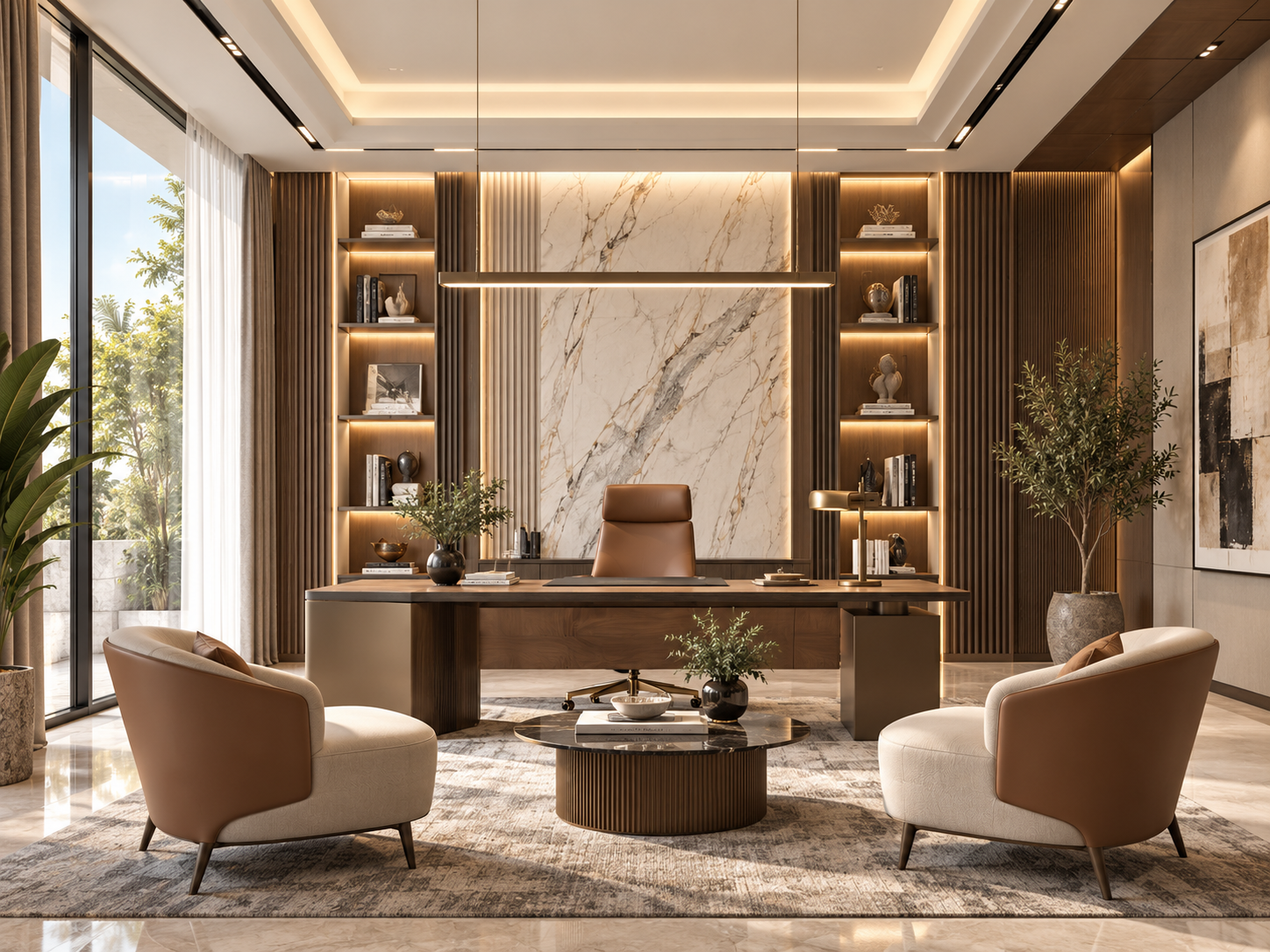 Luxury executive office concept with marble feature wall — view 1