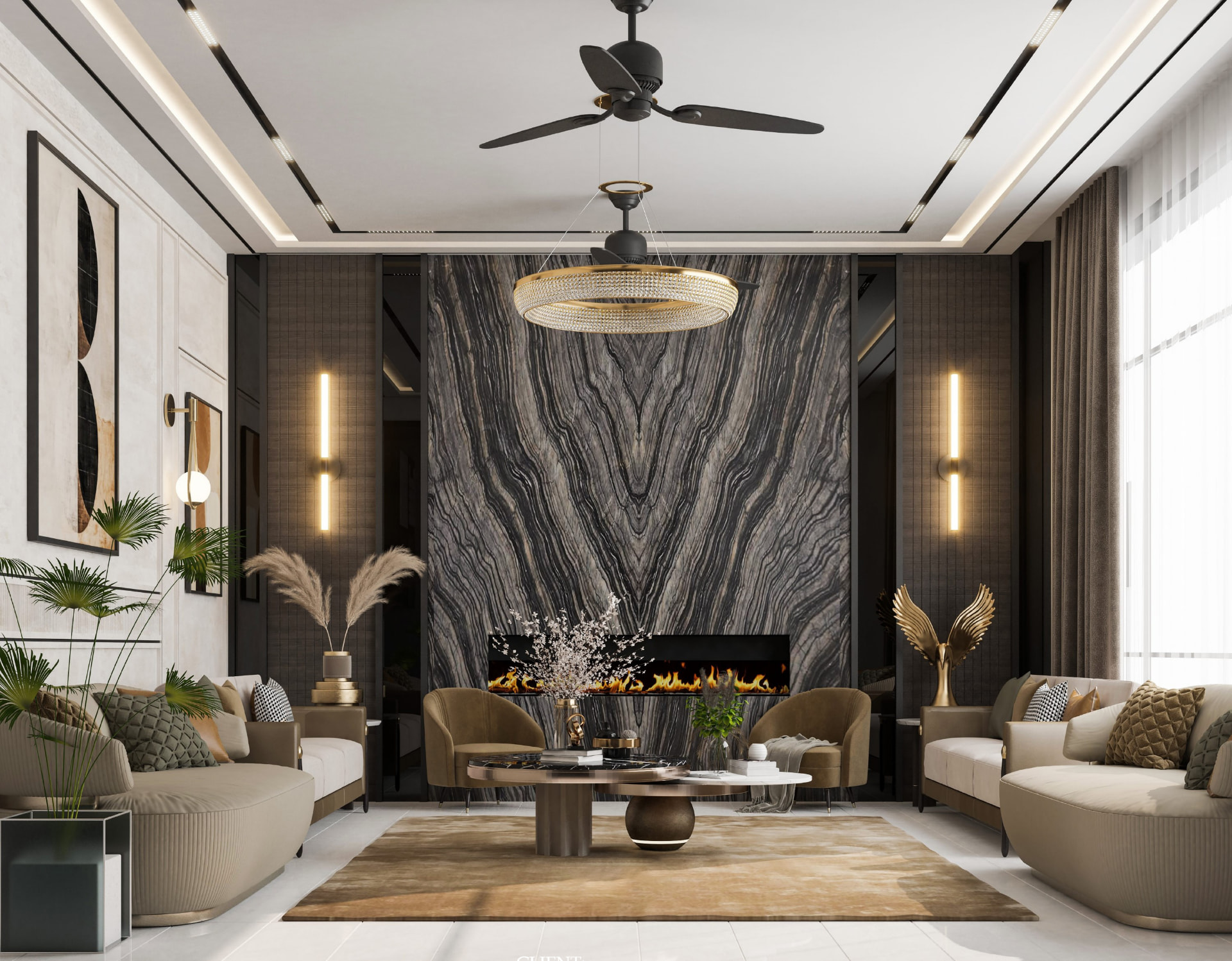 Drawing room with marble fireplace wall visualization — view 1