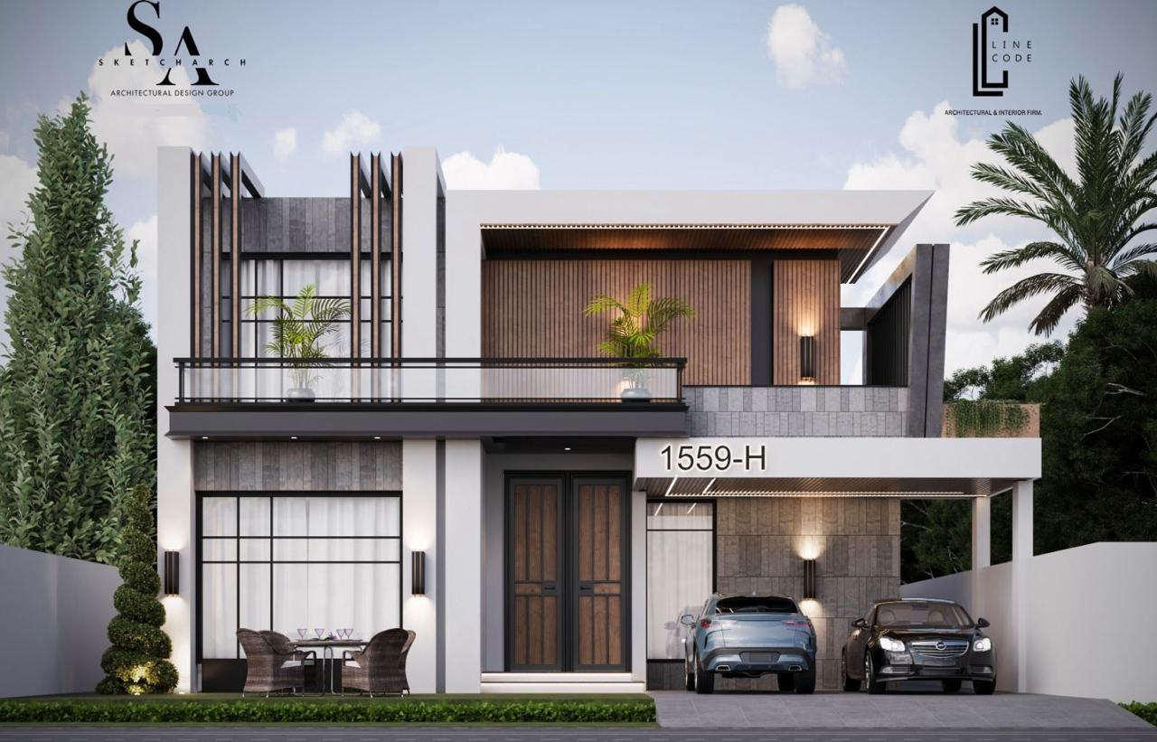 Timber and glass villa visualization — view 1